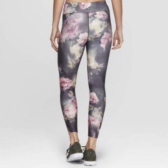 Joy Lab Floral Roses 7/8 Leggings Green/Pink Small - Picture 2 of 11